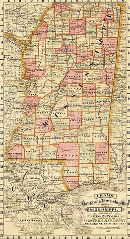 Mississippi State 1878 White Modern Wood Framed Art Print with Double Matting by Vintage Maps