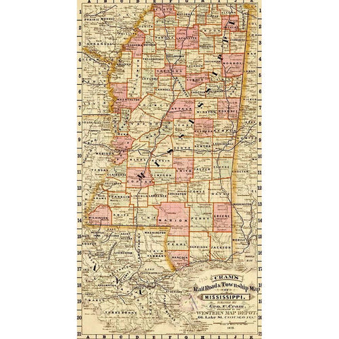 Mississippi State 1878 Black Modern Wood Framed Art Print with Double Matting by Vintage Maps