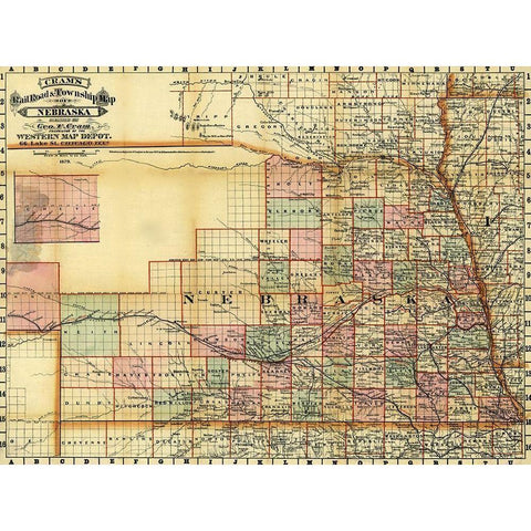 Nebraska 1878 Black Modern Wood Framed Art Print with Double Matting by Vintage Maps