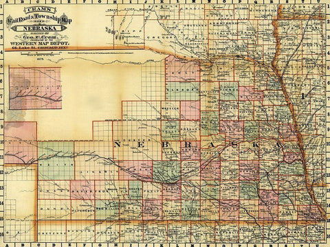 Nebraska 1878 Black Ornate Wood Framed Art Print with Double Matting by Vintage Maps