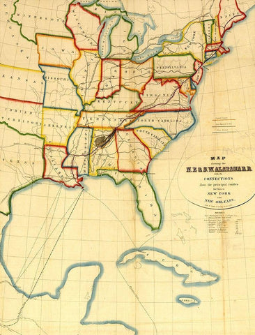 NE and SW Alabama Railroad 1850 Black Ornate Wood Framed Art Print with Double Matting by Vintage Maps