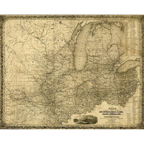 Ohio Michigan Indiana Illinois Missouri Wisconsin and Iowa 1840 Gold Ornate Wood Framed Art Print with Double Matting by Vintage Maps