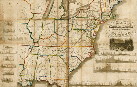 Railroads and canals finished unfinished and in contemplation in the United States 1834 Black Ornate Wood Framed Art Print with Double Matting by Vintage Maps