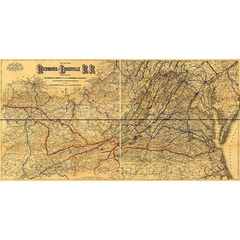 Richmond and Louisville Rail Road 1882 Gold Ornate Wood Framed Art Print with Double Matting by Vintage Maps