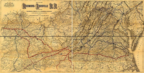 Richmond and Louisville Rail Road 1882 Black Ornate Wood Framed Art Print with Double Matting by Vintage Maps