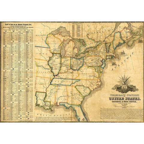 Telegraph stations in the United States Canada and Nova Scotia 1853 White Modern Wood Framed Art Print by Vintage Maps