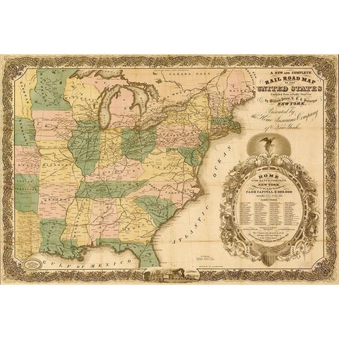 Railroad map of the United States 1858 Gold Ornate Wood Framed Art Print with Double Matting by Vintage Maps