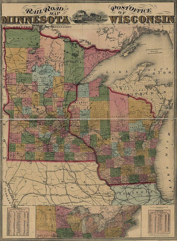 Railroad and post office map of Minnesota and Wisconsin 1871 White Modern Wood Framed Art Print with Double Matting by Vintage Maps