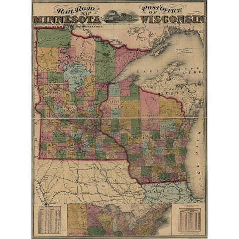 Railroad and post office map of Minnesota and Wisconsin 1871 Black Modern Wood Framed Art Print by Vintage Maps