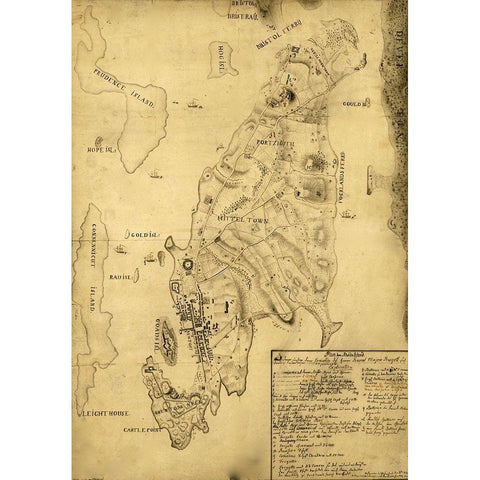 Rhode Island 1777 Gold Ornate Wood Framed Art Print with Double Matting by Vintage Maps