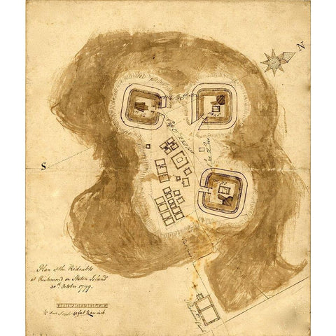 Richmond Defensive fort on Staten Island 1779 Black Modern Wood Framed Art Print by Vintage Maps