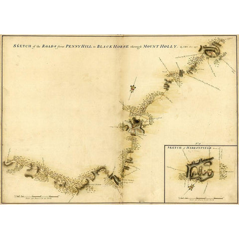 Haddonfield Mount Holly from Pennyhill to the Black Horse Pike 1778 Gold Ornate Wood Framed Art Print with Double Matting by Vintage Maps