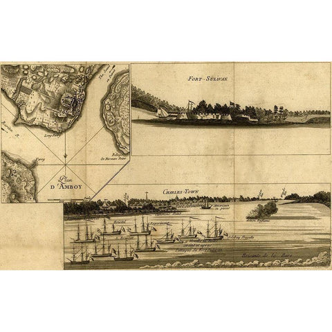 Charleston Harbor assault on Fort Sulivan during the siege of Charleston 1780  Black Modern Wood Framed Art Print with Double Matting by Vintage Maps