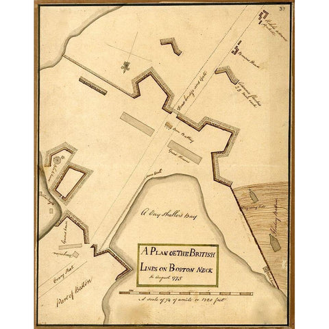 British Lines on Boston Neck Bunker Hill 1775 Black Modern Wood Framed Art Print by Vintage Maps