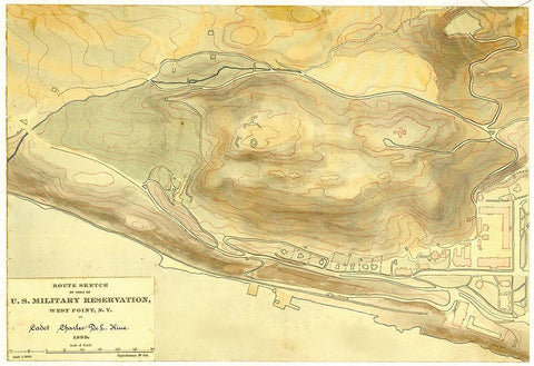 Route sketch of part of U S Military Reservation West Point N Y 1889 Black Ornate Wood Framed Art Print with Double Matting by Vintage Maps