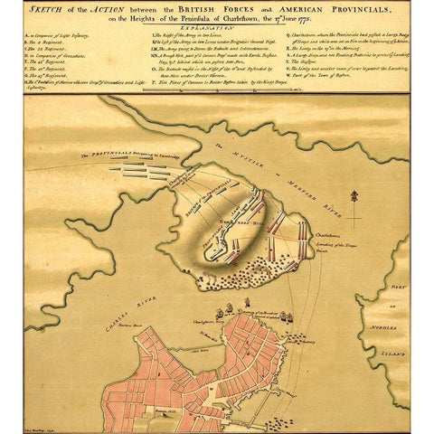 Battle of Bunker Hill 1775 Gold Ornate Wood Framed Art Print with Double Matting by Vintage Maps