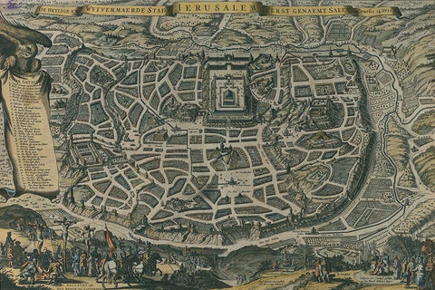 Antique Map of Jerusalem Black Ornate Wood Framed Art Print with Double Matting by Vintage Maps