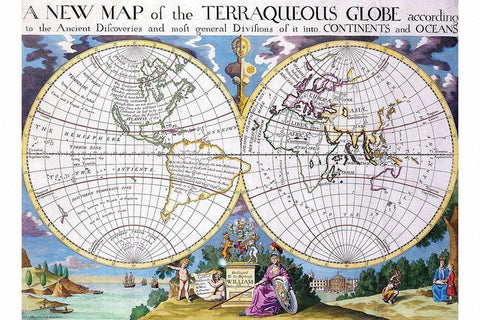 Stereographic Projection of the World with Latitude and Longitudinal lines White Modern Wood Framed Art Print with Double Matting by Wells, Edward