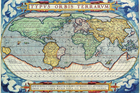 Typus Orbis Terrarum from the Theatre of the World in Apian Projection Black Ornate Wood Framed Art Print with Double Matting by Ortelius, Abraham