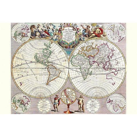 World Map with Figural Representations of the Worlds Peoples Black Modern Wood Framed Art Print with Double Matting by Seney, John