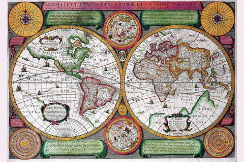 Stereographic World Map of the Eastern and Western Hemispheres Black Ornate Wood Framed Art Print with Double Matting by Boisseau, Jean
