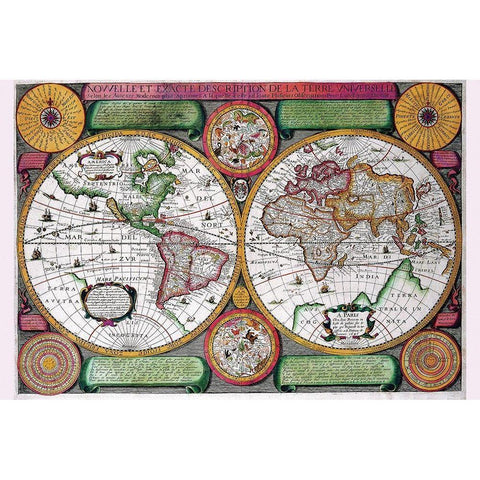 Stereographic World Map of the Eastern and Western Hemispheres Gold Ornate Wood Framed Art Print with Double Matting by Boisseau, Jean