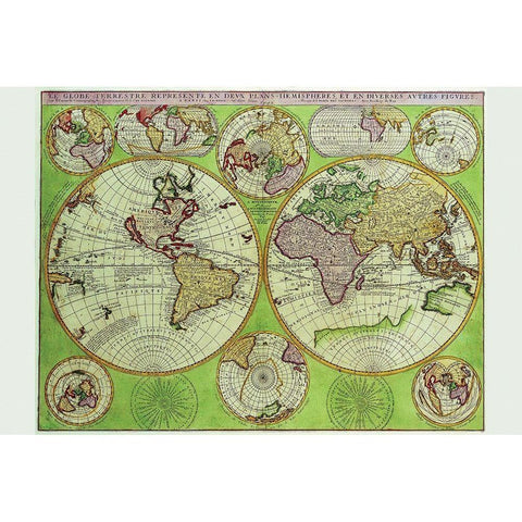 Stereographic World Map with Insets of Polar Projections White Modern Wood Framed Art Print by Coronelli, Vincenzo