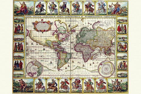 World Map of lands and waterways Black Ornate Wood Framed Art Print with Double Matting by Visscher, Nicolas