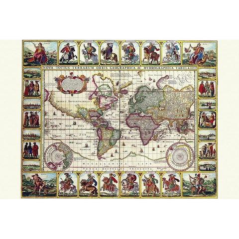 World Map of lands and waterways Black Modern Wood Framed Art Print by Visscher, Nicolas