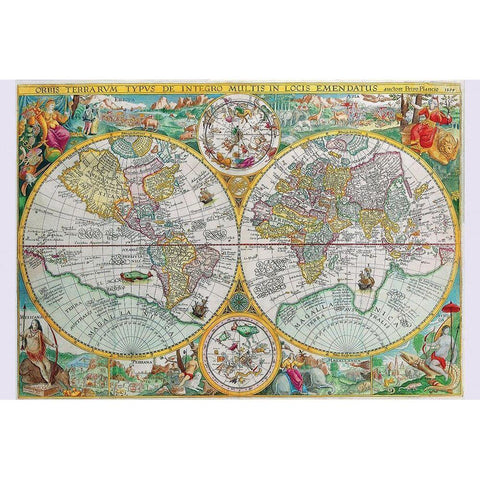 World Map Gold Ornate Wood Framed Art Print with Double Matting by Plancius, Petrus