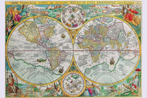 World Map Black Ornate Wood Framed Art Print with Double Matting by Plancius, Petrus