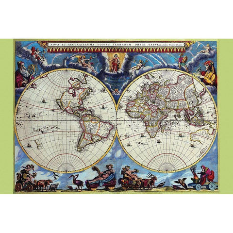 Stereographic Map of the World Theatrum Orbis Terrarum Gold Ornate Wood Framed Art Print with Double Matting by Blaeu, Joan