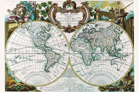 Mappe Monde Nouvelle Black Ornate Wood Framed Art Print with Double Matting by Le Rouge, George Louis