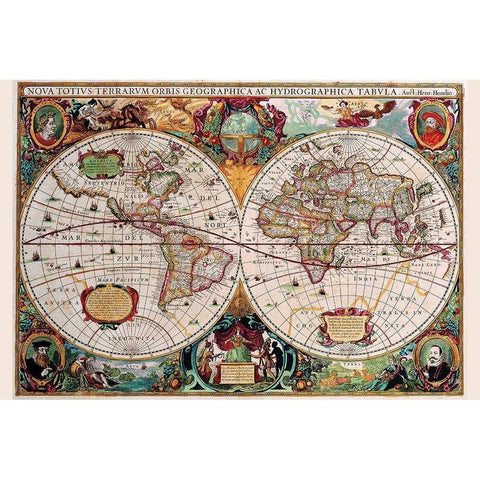 Stereographic Map of the World Gold Ornate Wood Framed Art Print with Double Matting by Hondius, Jodocus