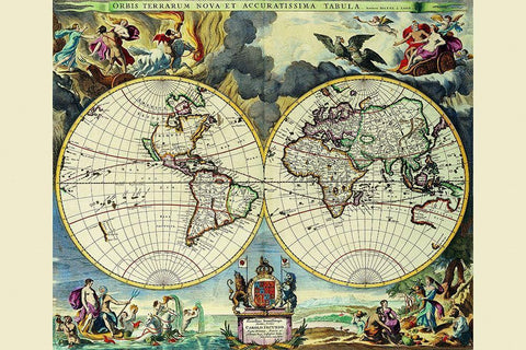 Stereographic Map of the World Black Ornate Wood Framed Art Print with Double Matting by Pitt, Moses