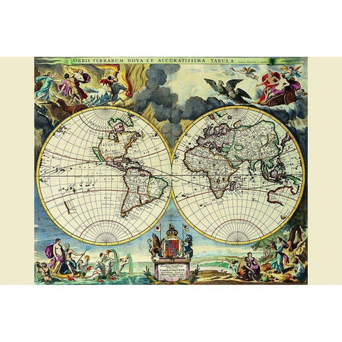 Stereographic Map of the World Black Modern Wood Framed Art Print with Double Matting by Pitt, Moses