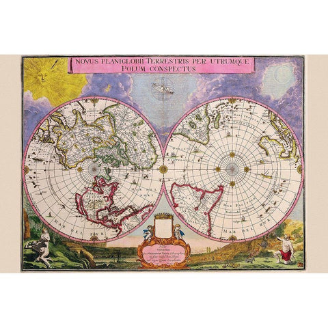 Novus Planiglobii Terrestris Per Utrumque Polum Conspectus Stereographic Map of the World Black Modern Wood Framed Art Print with Double Matting by Blaeu, Joan