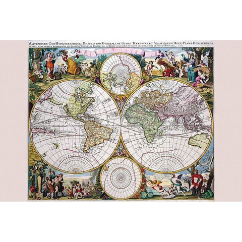 Stereographic Map of the World with Classical Illustration White Modern Wood Framed Art Print by Valk, Gerard