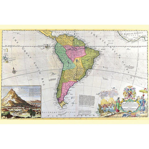 Antique Map of South America Gold Ornate Wood Framed Art Print with Double Matting by Moll, Hermann