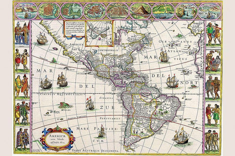 New Map of the Americas Black Ornate Wood Framed Art Print with Double Matting by Blaeu, Willem