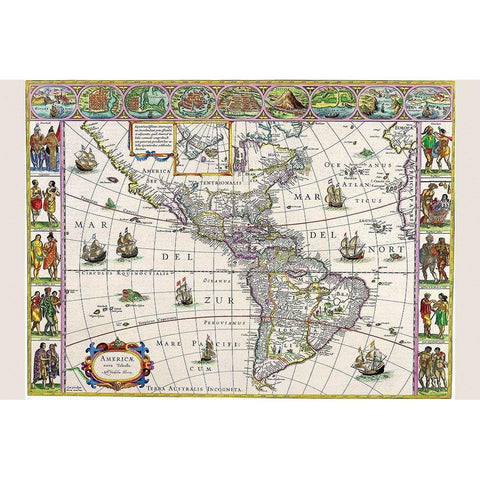 New Map of the Americas Gold Ornate Wood Framed Art Print with Double Matting by Blaeu, Willem