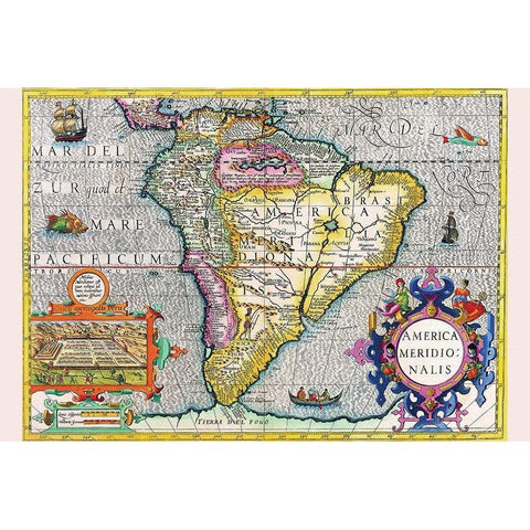 South America Black Modern Wood Framed Art Print by Hondius, Jodocus