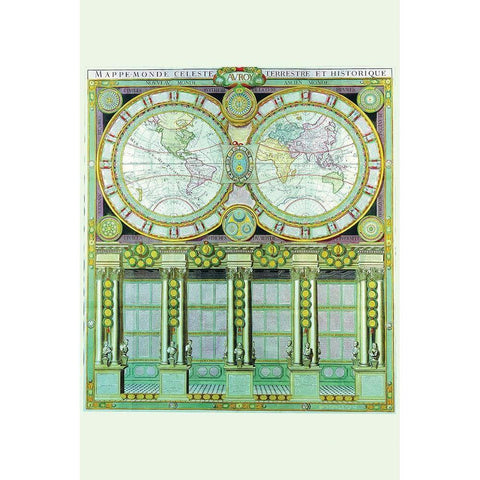 Mappe Monde Celeste Terrestre et Historique Stereographic Projection Black Modern Wood Framed Art Print with Double Matting by Desnos, Louis Charles