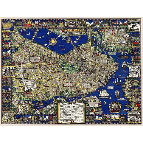 A map of Boston decorative and historical Gold Ornate Wood Framed Art Print with Double Matting by Clark, Blake Everett