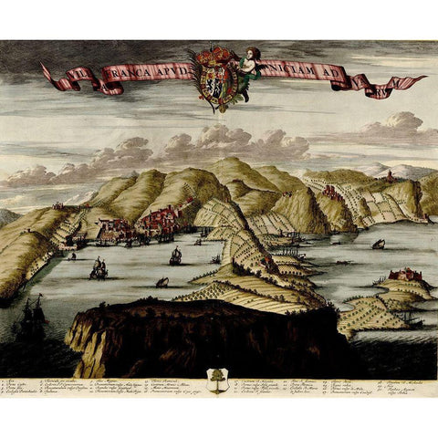 Straits and Defenses at Gibraltar 1700 Gold Ornate Wood Framed Art Print with Double Matting by Beeck, Anna