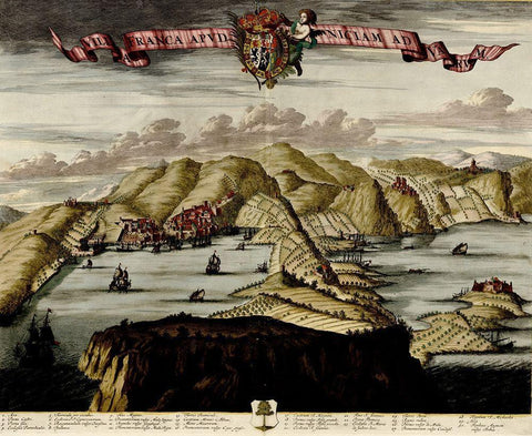 Straits and Defenses at Gibraltar 1700 White Modern Wood Framed Art Print with Double Matting by Beeck, Anna