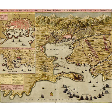 Straits of Cadiz Gibraltar 1700 Gold Ornate Wood Framed Art Print with Double Matting by Beeck, Anna