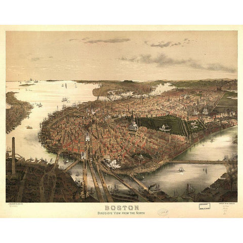 Birds Eye View of Boston 1877 White Modern Wood Framed Art Print by Prang & Company