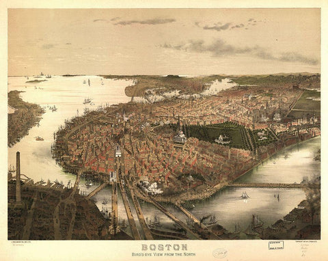 Birds Eye View of Boston 1877 Black Ornate Wood Framed Art Print with Double Matting by Prang & Company