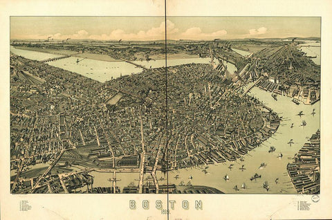 Boston in 1889 A Birds Eye View Black Ornate Wood Framed Art Print with Double Matting by George Walker and Co